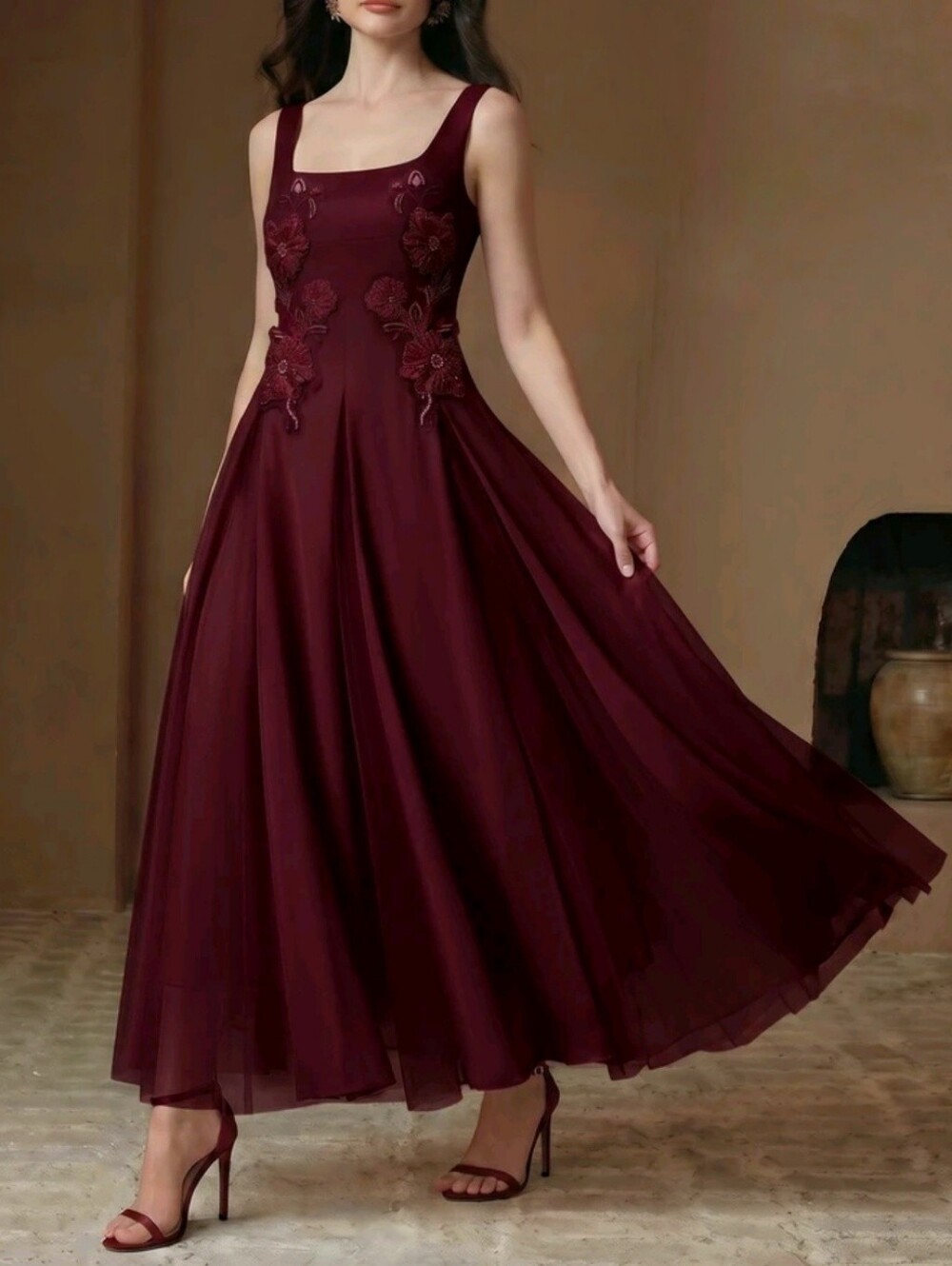 New Beaded Floral Tulle Godet Midi Dress Sleeveless Burgundy Red